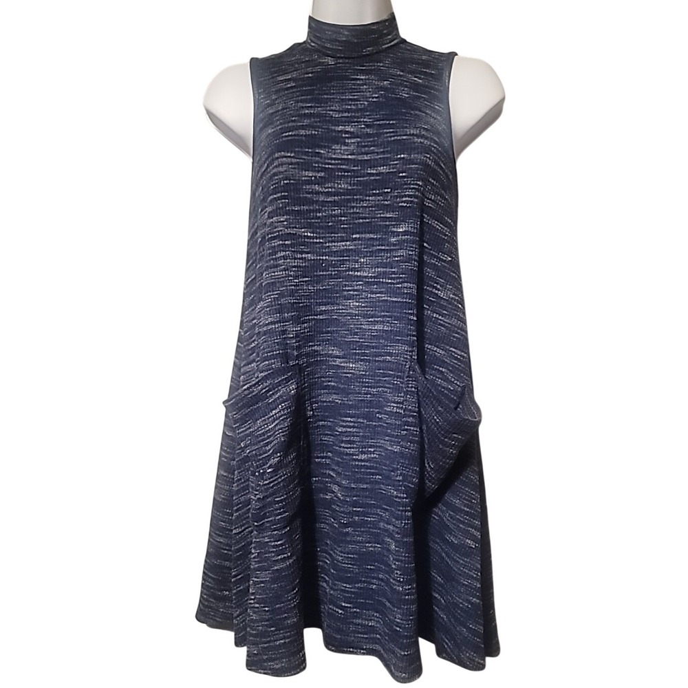 No Comment Blue Space Dye Mock‎ Neck Sleeveless Swing Dress with Pockets 5N67